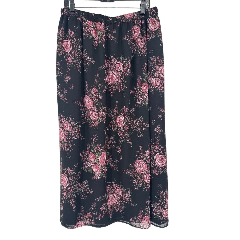 C.M. Shapes Womens Floral Midi reversible Skirt Size 18/20 Black Elastic Waist